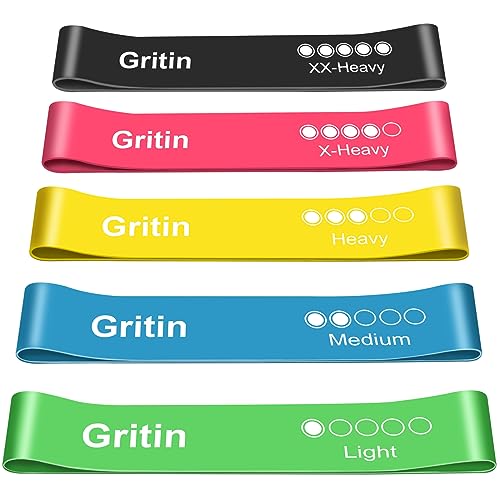 Gritin Resistance Bands, Set of 5 Skin-Friendly Resistance Fitness Exercise Loop Bands With 5 Different Strength Levels - Carrying Case Included - Ideal for Home, Gym, Yoga, Training
