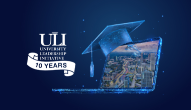 Artist illustration of a digital laptop and graduation cap and ULI, 10 Years graphic.