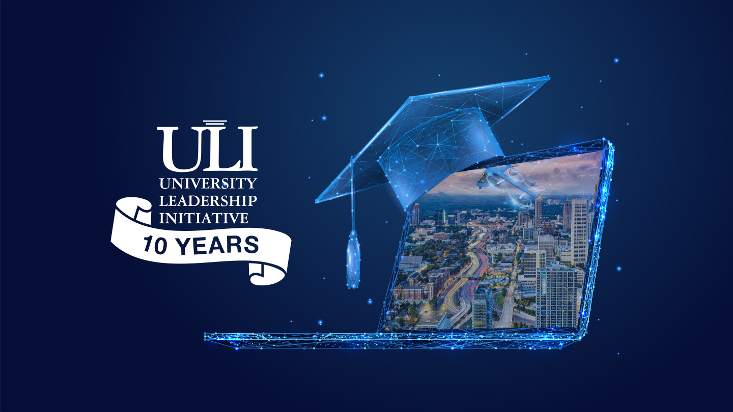 Artist illustration of a digital laptop and graduation cap and ULI, 10 Years graphic.