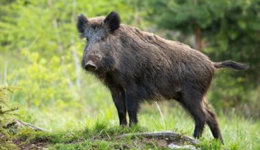 Wild boar standing in a green urban-edge habitat as DNA study links Berlin and Barcelona city boars to distinct urban populations