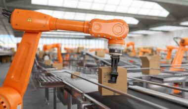 A robotic arm is placing a package on a conveyer belt.