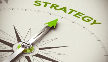 A compass with the arrow pointing to the word strategy.