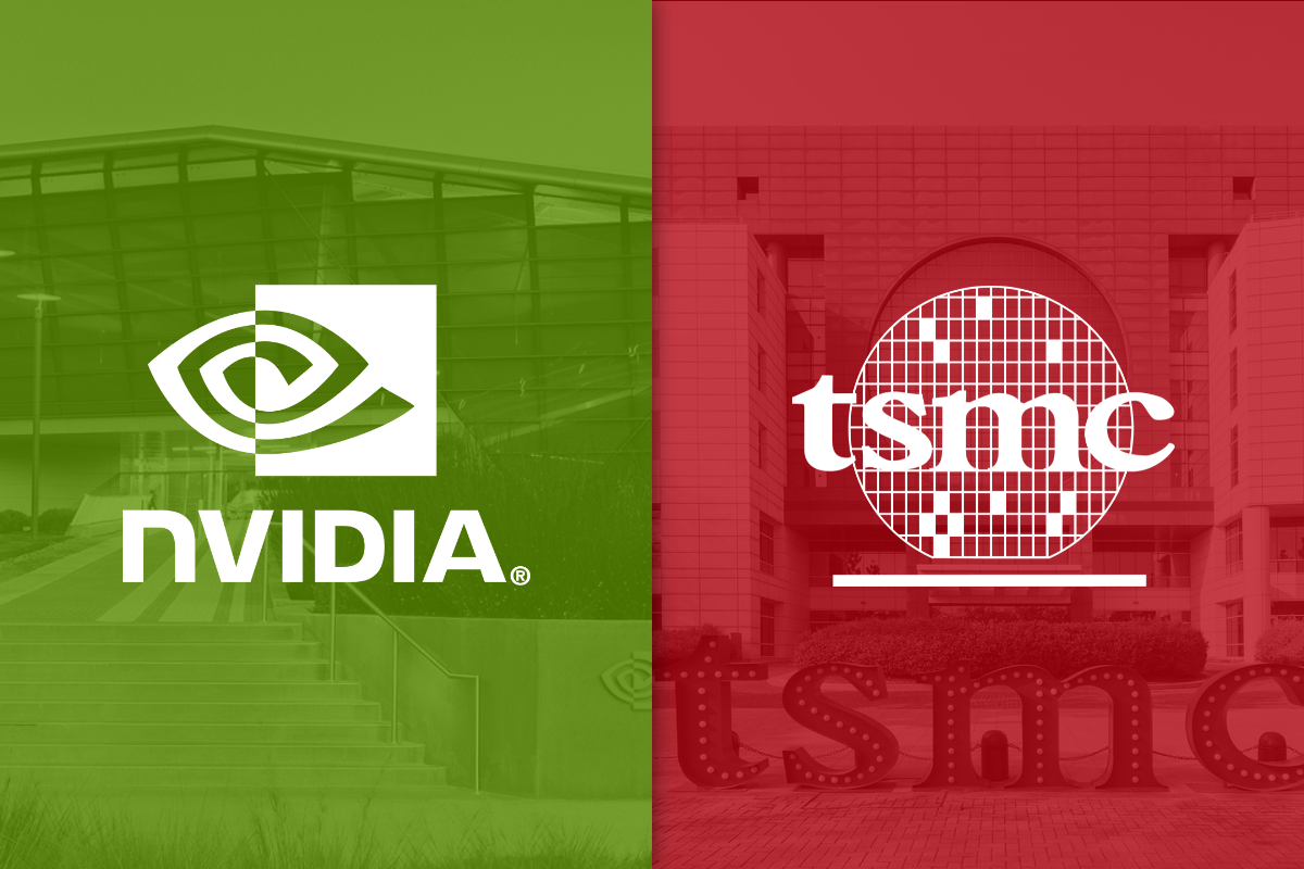 Side-by-side Nvidia and TSMC logos superimposed over their respective headquarters.
