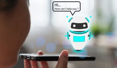 A person talking into a phone with a graphic of a robot hovering over it asking, How can I help you?