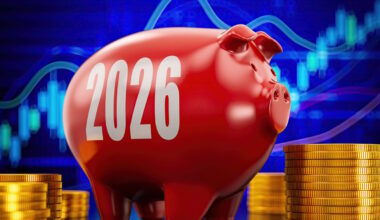 A 2026 piggy bank in front of a stock chart.