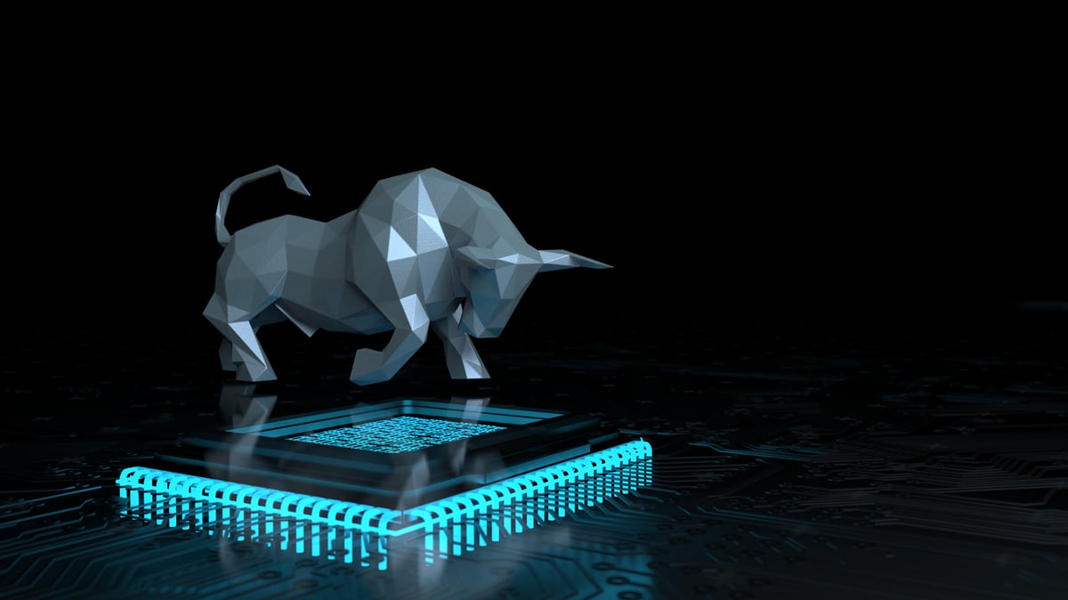 A bull figurine on an AI semiconductor chip.