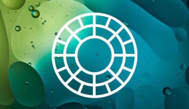 A white circular grid icon with evenly spaced segments is centered on a blue-green abstract background featuring bubbles and organic shapes.
