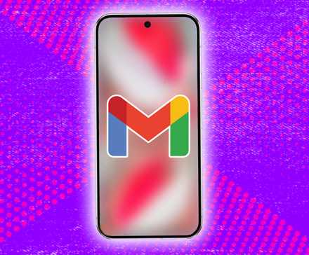 A phone on a purple textured background displaying the Gmail logo
