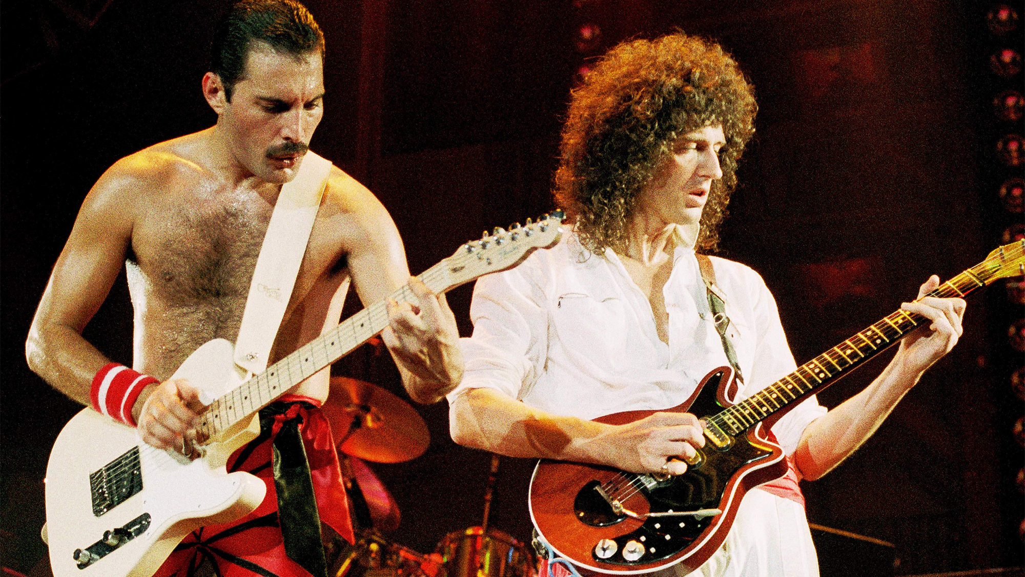 Freddie Mercury and Brian May performing on stage, 01 September, 1984