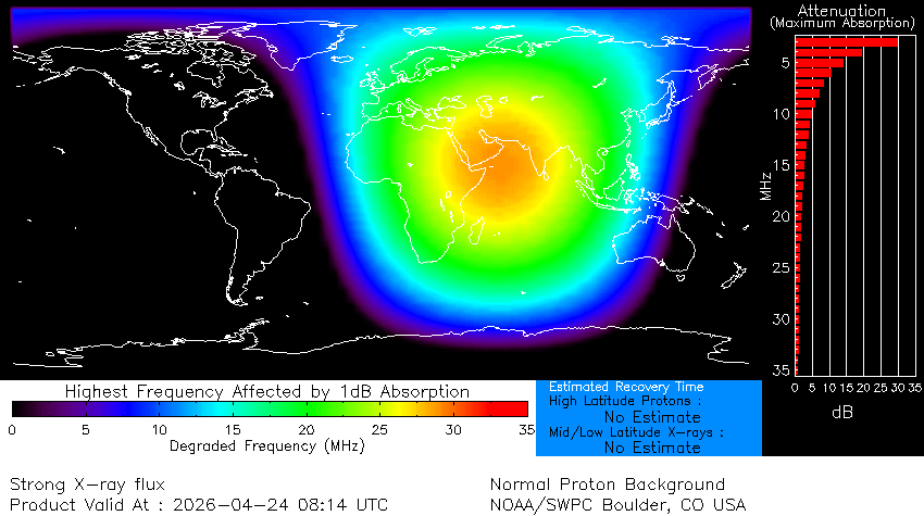 map showing radio blackout concentrated over East Asia