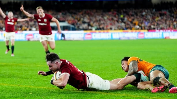 Hugo Keenan of the British and Irish Lions scoring the winning try