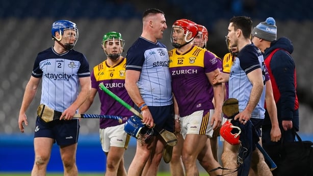 21 February 2026; John Hetherton of Dublin and Lee Chin of Wexford after the Allianz Hurling League Division 1B match between Dublin and Wexford at Croke Park in Dublin. Photo by Stephen McCarthy/Sportsfile