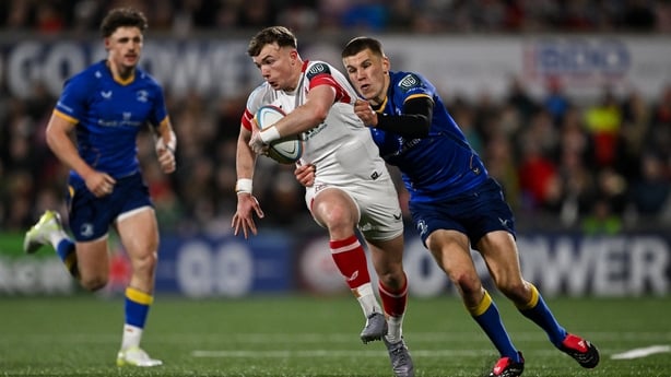 17 April 2026; Jack Murphy of Ulster is tackled by Sam Prendergast of Leinster during the United Rugby Championship match between Ulster and Leinster at Affidea Stadium in Belfast. Photo by Ramsey Cardy/Sportsfile
