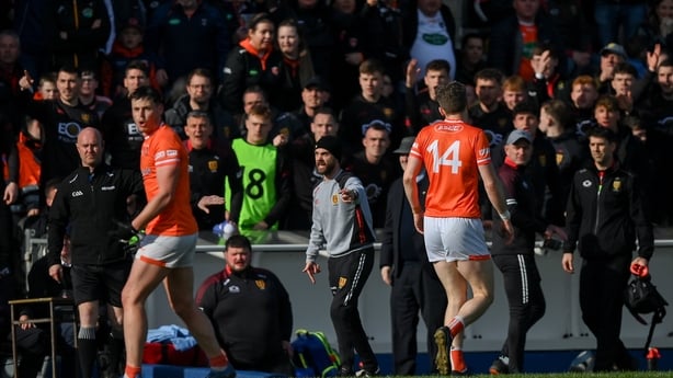 27 April 2024; Down manager Conor Laverty appeals during the Ulster GAA Football Senior Championship semi-final match between Down and Armagh at St Tiernach's Park in Clones, Monaghan. Photo by Stephen McCarthy/Sportsfile