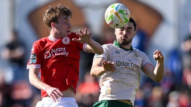 Sligo , Ireland - 4 May 2026; Alex Nolan of Sligo Rovers in action against Anto Breslin of St Patrick's Athletic during the SSE Airtricity Men's Premier Division match between Sligo Rovers and St Patrick's Athletic at The Showgrounds in Sligo. (Photo By Paul Phelan/Sportsfile via Getty Images)
