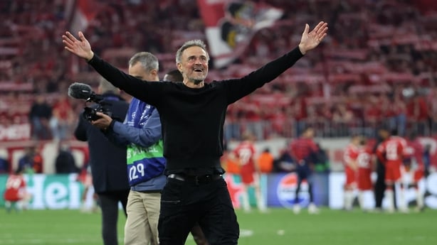 Head coach Luis Enrique of Paris Saint-Germain celebrates after the UEFA Champions League 2025/26 Semi Final Second Leg match between FC Bayern München and Paris Saint-Germain at Football Arena Munich on May 06, 2026 in Munich, Germany. (Photo by Xavier Laine/Getty Images)