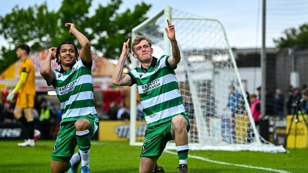 Michael Noonan of Shamrock Rovers, right, celebrates with team-mate Victor Ozhianvuna after scoring their side's first goal during the SSE Airtricity Men's Premier Division match between Galway United and Shamrock Rovers at Eamonn Deacy Park in Galway.