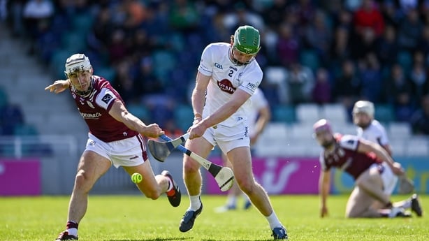 Liam O'Reilly of Kildare is tackled by Daithí Burke of Galway during the Leinster GAA Senior Hurling Championship round 3 match between Kildare and Galway at Cedral St Conleth's Park in Newbridge, Kildare.
