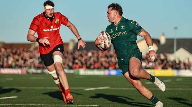 9 May 2026; Shayne Bolton of Connacht on his way to scoring his side's second try during the United Rugby Championship match between Connacht and Munster at Dexcom Stadium in Galway. Photo by Thomas Flinkow/Sportsfile