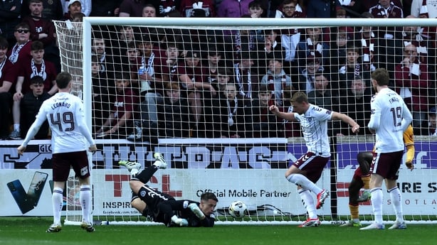 Stephen Kingsley of Heart of Midlothian scores an own-goal and Motherwell's first goal during the Premier League match between Motherwell FC and Heart of Midlothian FC at Fir Park on May 09, 2026 in Motherwell, Scotland.