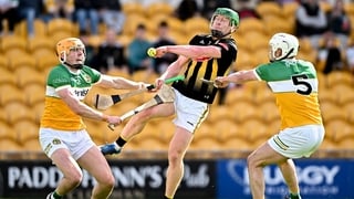10 May 2026; Mossy Keoghan of Kilkenny in action against Offaly players Ciarán Burke, left. and Ross Ravenhill during the Leinster GAA Senior Hurling Championship Round 3 match between Offaly and Kilkenny at Glenisk O'Connor Park in Tullamore, Offaly. Pho