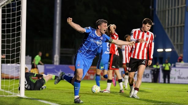 P�draig Amond of Waterford celebrates his sides second goal scored by teammate Kevin Long, not pictured, during the SSE Airtricity Men�s Premier Division match between Waterford and Derry City at the RSC in Waterford.