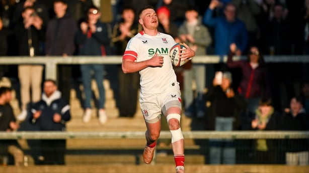 15 May 2026; Zac Ward of Ulster on his way to scoring his side's second try during the United Rugby Championship match between Ulster and Glasgow Warriors at Affidea Stadium in Belfast. Photo by Ramsey Cardy/Sportsfile