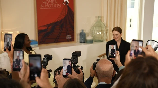 (L-R) Angelique Jackson and Julianne Moore attend the Kering Women in Motion: Julianne Moore Photocall at The Carlton Hotel on 16 May, 2026 in Cannes. (Photo by Dave Benett/Getty Images)