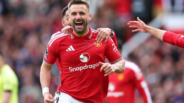 Luke Shaw of Manchester United celebrates after scoring a goal to make it 1-0 during the Premier Leae match between Manchester United and Nottingham Forest at Old Trafford on May 17, 2026 in Manchester, United Kingdom.