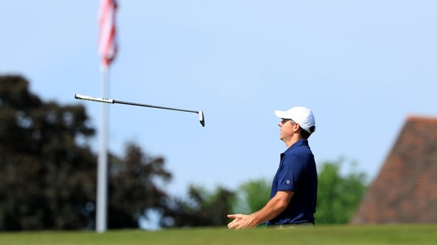 NEWTOWN, PENNSYLVANIA - MAY 17: Rory McIlroy of Northern Ireland reacts to a putt on the 9th hole during the final round of the PGA Championship at Aronimink Golf Club on May 17, 2026 in Newtown, Pennsylvania. (Photo by David Cannon/Getty Images)