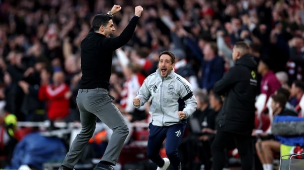 LONDON, ENGLAND - MAY 18: Mikel Arteta, Manager of Arsenal, celebrates his team's first goal scored by Kai Havertz of Arsenal (not pictured) during the Premier League match between Arsenal and Burnley at Emirates Stadium on May 18, 2026 in London, England. (Photo by Justin Setterfield/Getty Images)