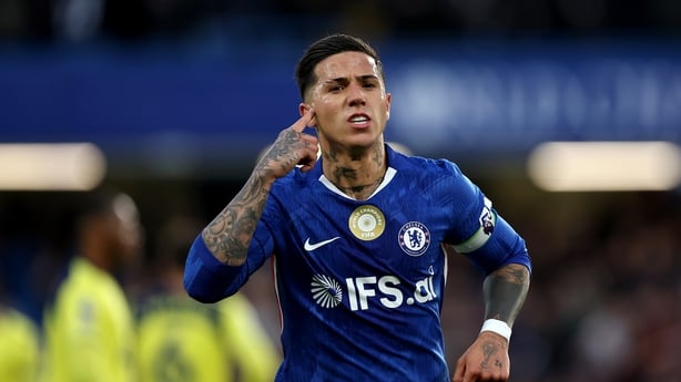 Enzo Fernandez of Chelsea celebrates scoring his team's first goal during the Premier League match between Chelsea and Tottenham Hotspur at Stamford Bridge on May 19, 2026 in London, England.