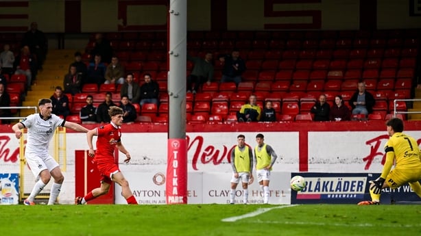 Will Jarvis of Shelbourne scores his side's first goal during the SSE Airtricity Men's Premier Division match between Shelbourne and Waterford at Tolka Park in Dublin.