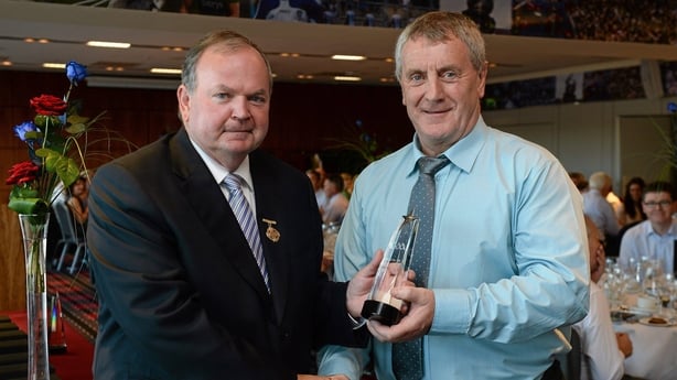 22 September 2013; Uachtar�n Chumann L�thchleas Gael Liam � N�ill presents former Tyrone All-Star Frank McGuigan with his 'Stars of the 80's' award before the GAA Football All-Ireland Senior Championship Final between Dublin and Mayo, Croke Park, Dublin. Picture credit: Ray McManus / SPORTSFILE