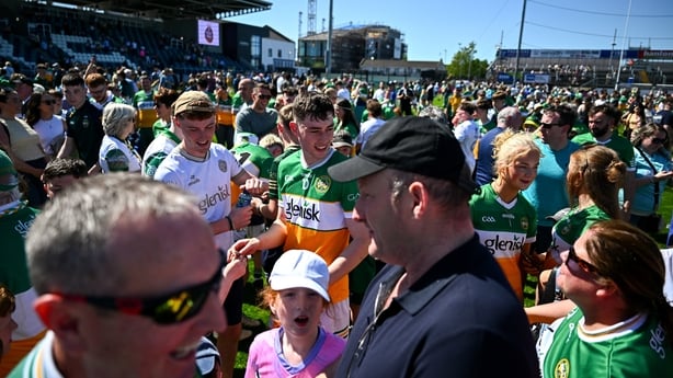 Shane Rigney of Offaly with supporters after the Leinster GAA Senior Hurling Championship Round 5 match between Kildare and Offaly at Cedral St Conleth's Park in Newbridge, Kildare.