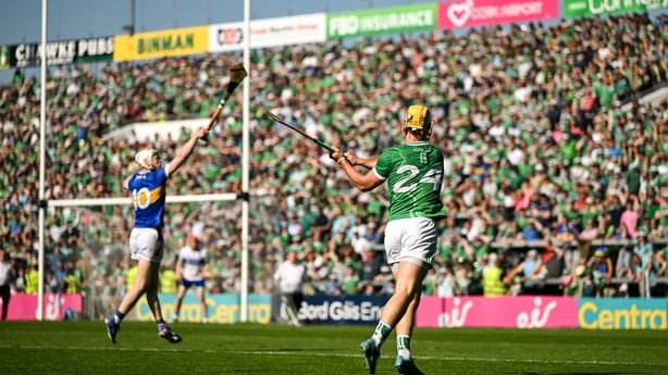 Tom Morrissey of Limerick scores a point during the Munster GAA Senior Hurling Championship Round 5 match between Limerick and Tipperary at TUS Gaelic Grounds in Limerick.