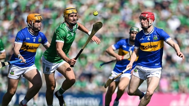 24 May 2026; Cathal O'Neill of Limerick in action against Conor Stakelum, left, and Keith Ryan of Tipperary during the Munster GAA Senior Hurling Championship Round 5 match between Limerick and Tipperary at TUS Gaelic Grounds in Limerick. Photo by Tom Beary/Sportsfile
