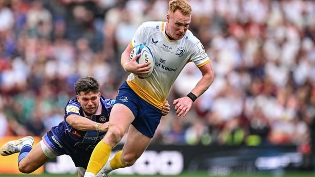 23 May 2026; Ciarán Frawley of Leinster is tackled by Matthieu Jalibert of Union Bordeaux Bègles during the Investec Champions Cup final match between Leinster and Union Bordeaux Bégles at San Mamés Stadium in Bilbao, Spain. Photo by Seb Daly/Sportsfile