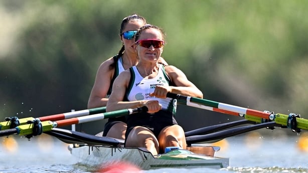 29 May 2026; Zoe Hyde, right, and Margaret Cremen of Ireland compete in the Women's Double Sculls heats during the 2026 World Rowing Cup at La Cartuja High-Performance Center, in Seville, Spain. Photo by Benedict Tufnell/Sportsfile