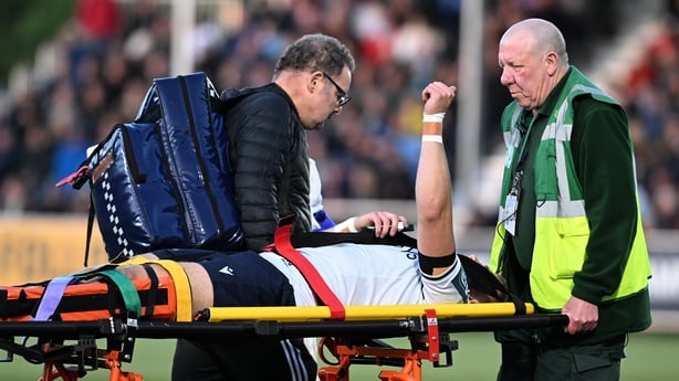 29 May 2026; Hugh Gavin of Connacht leaves the field on a stretcher during the United Rugby Championship quarter-final match between Glasgow Warriors and Connacht at Scotstoun Stadium in Glasgow, Scotland. Photo by Rob Casey/Sportsfile