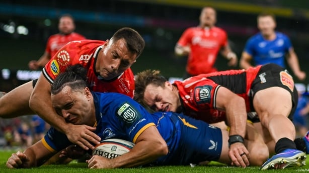 30 May 2026; James Lowe of Leinster dives over to score his side's ninth try during the United Rugby Championship quarter-final match between Leinster and Lions at the Aviva Stadium in Dublin. Photo by David Fitzgerald/Sportsfile