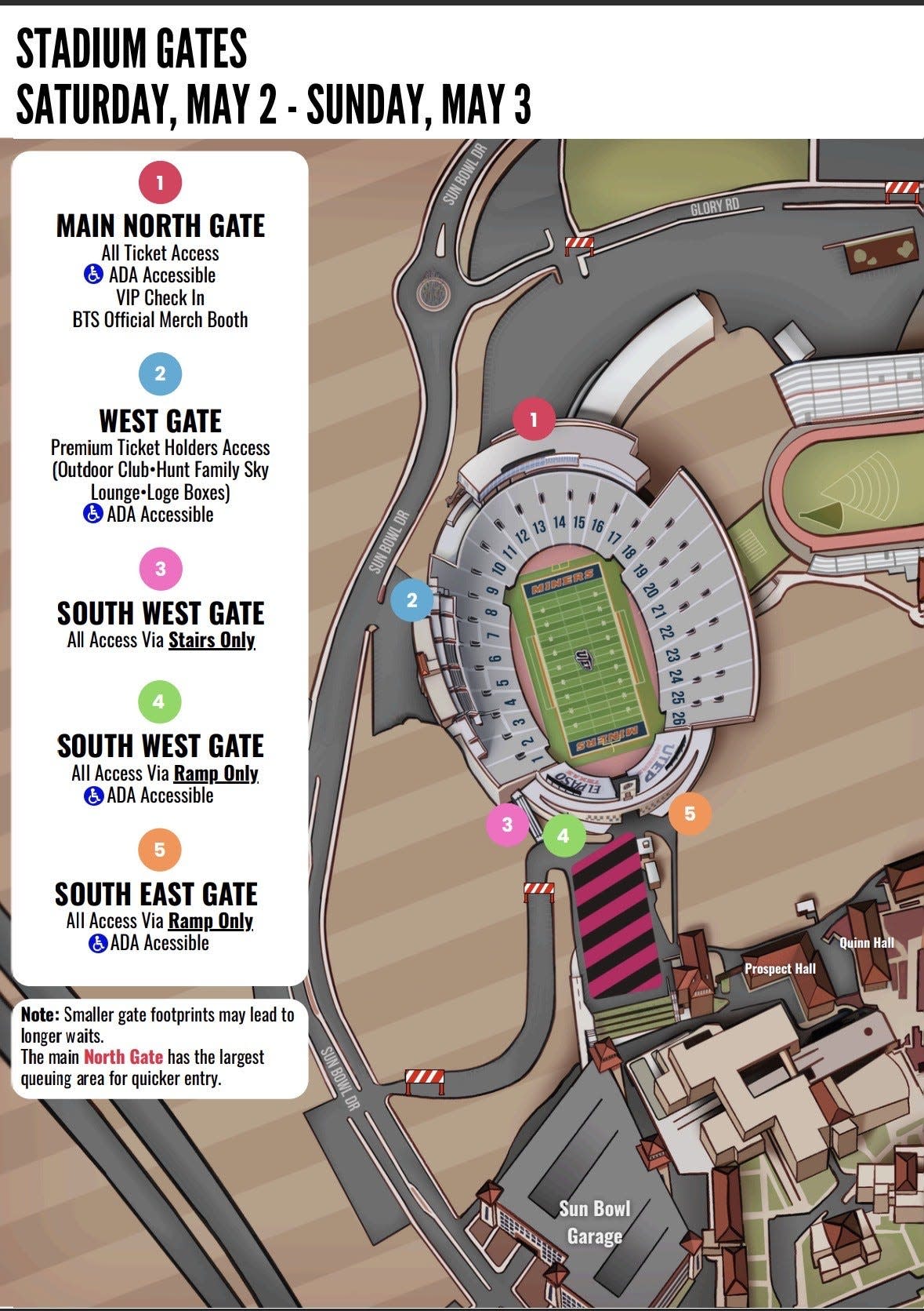 A graphic showing where the stadium gates entrances are for the BTS concerts May 2-3 at the Sun Bowl Stadium.