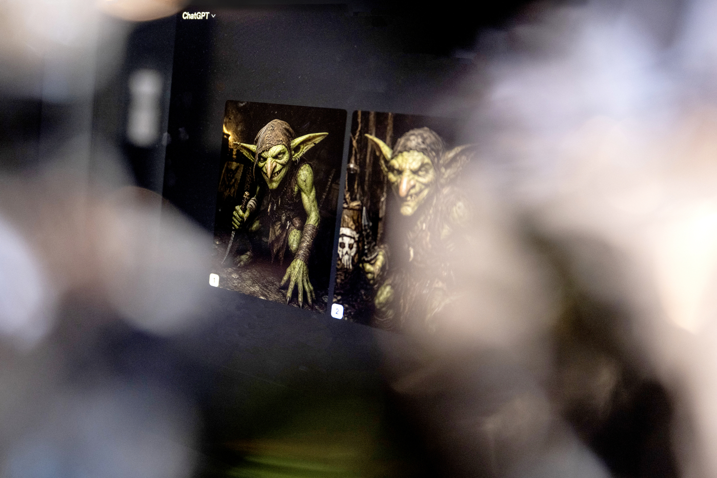 A computer screen displaying two AI-generated goblin images in the ChatGPT interface.