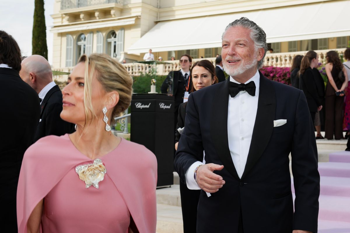 Tatiana of Greece and Mexican businessman Elías Sacal share a composed moment at the Cannes amfAR Gala.