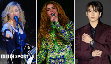 A split image of Madonna, Shakira and Jungkook of BTS