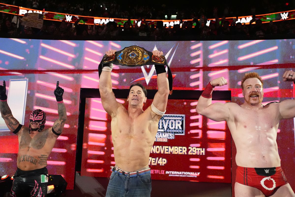 Irish WWE legend Sheamus celebrates with Rey Mysterio and John Cena.