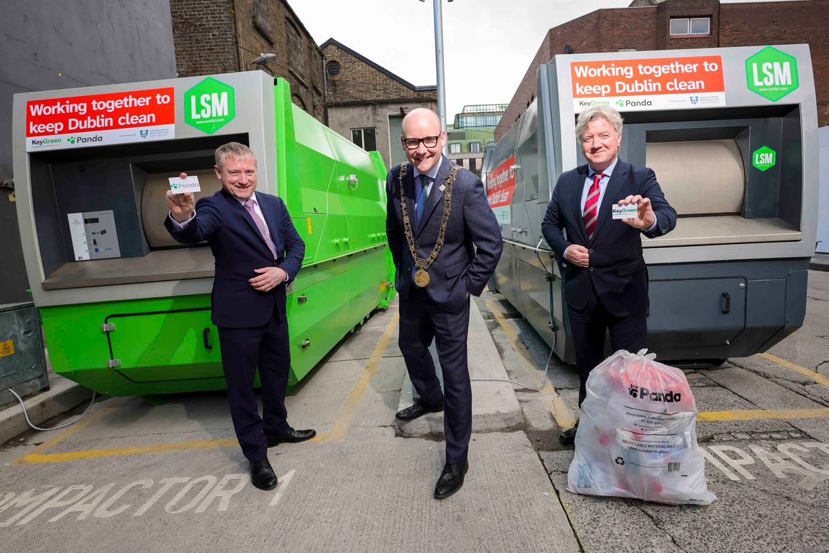 Derek Kelly, Executive Manager, Climate & Urban Resilience, Dublin City Council, Lord Mayor of Dublin, Councillor Ray McAdam, and Barry Woods, Head of Waste Management, Dublin City Council at the new waste compactors on Marlborough Place