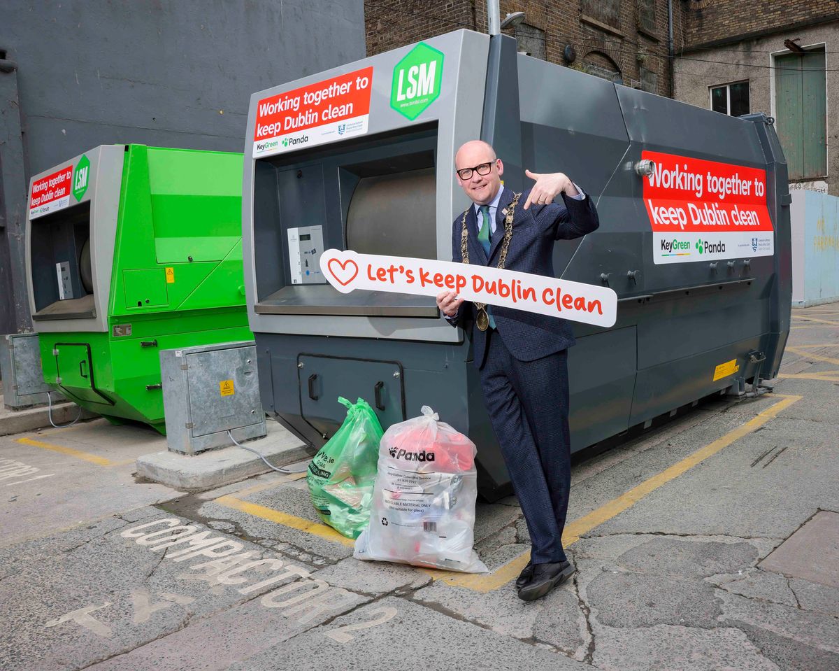 Lord Mayor of Dublin, Councillor Ray McAdam at the new waste compactors on Marlborough Place