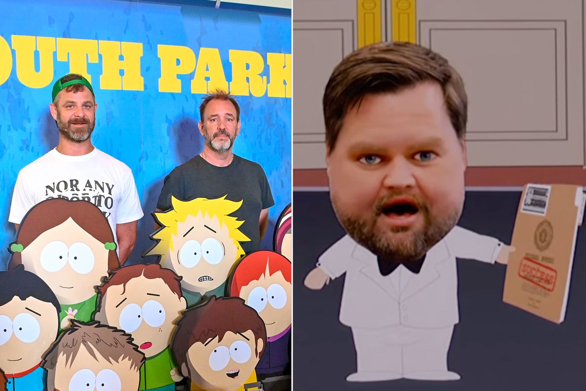 South Park creators Trey Parker and Matt Stone and cartoon JD Vance on South Park