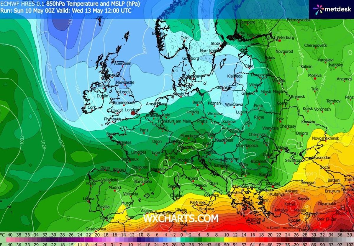 UK cold weather map for May 13